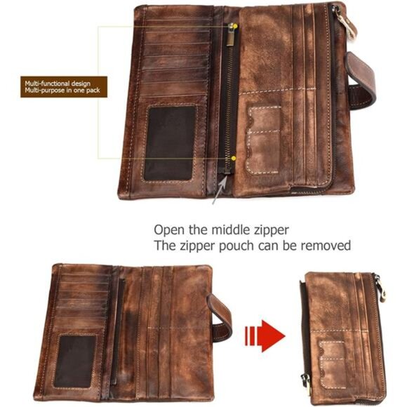 Genuine Leather Long Wallet Coffee - Picture 2 of 6